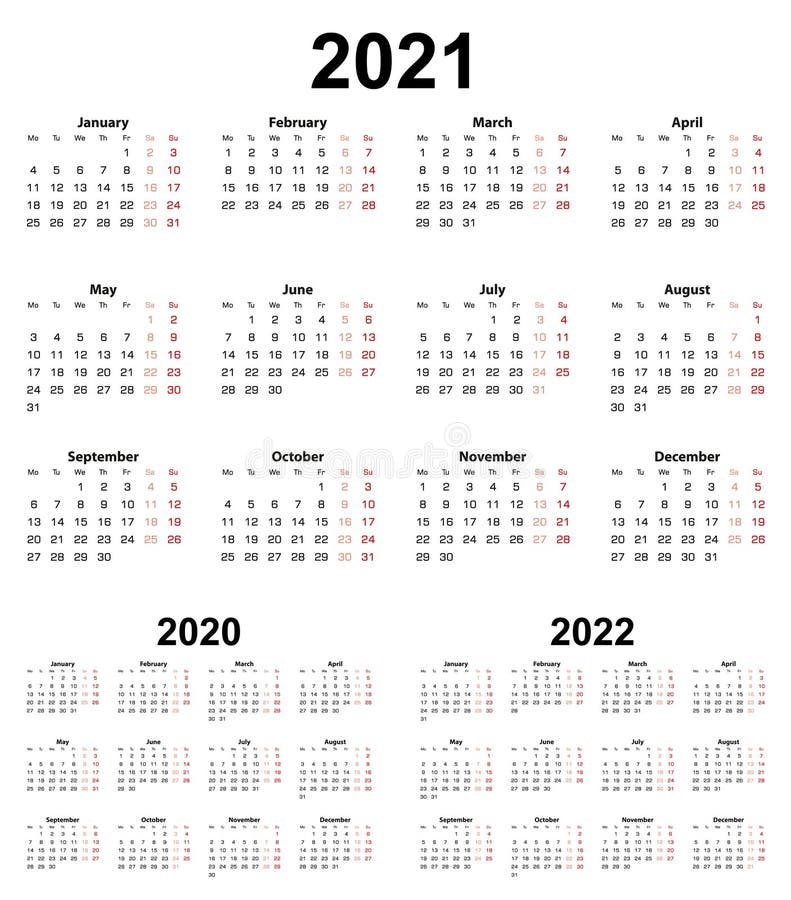 Basic Calendar For Year 2021 And 2020 2022 Week Starts On Monday Stock Vector Illustration Of Plan English 173540563