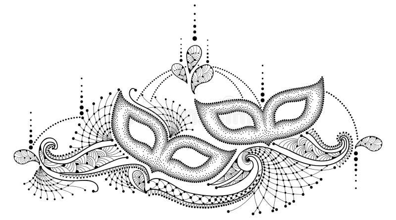 Vector drawing with dotted Mardi Gras carnival mask and outline decorative lace in black isolated on white background. Greeting design for Mardi Gras party or coloring book in contour style.