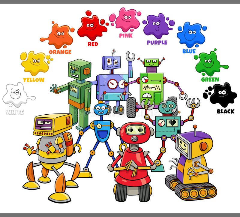 Basic Colors for Children with Group of Colorful Robots Stock Vector ...