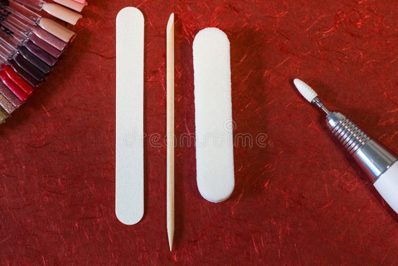 Basic individual set for Russian manicure on red background royalty free stock image