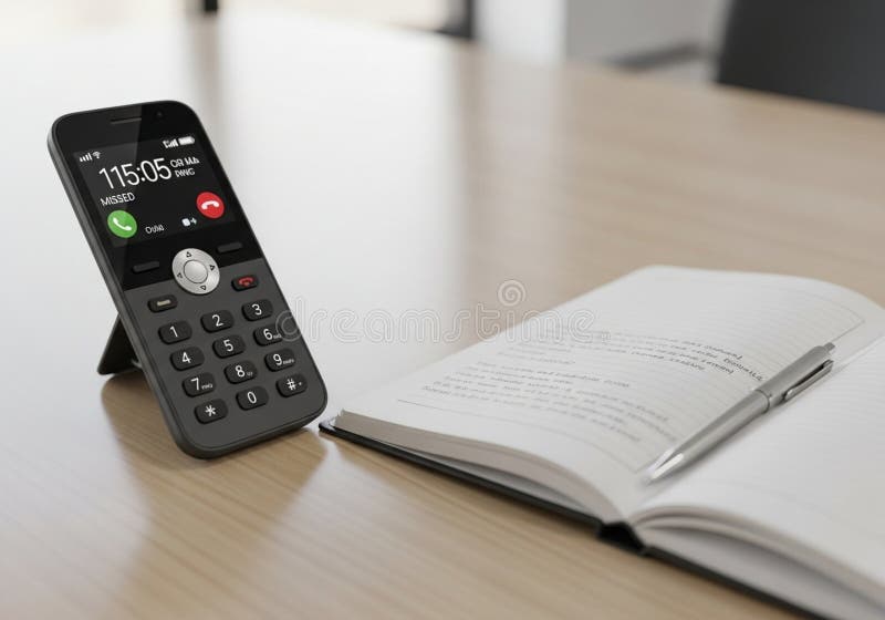 A basic mobile phone with large buttons displaying a missed call is positioned upright on a wooden vector illustration