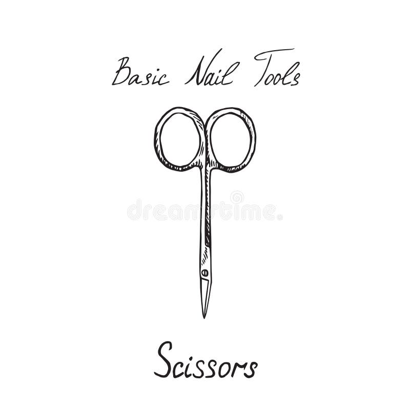 Basic Nail Tools, Scissors, Hand Drawn Doodle Sketch with Inscription