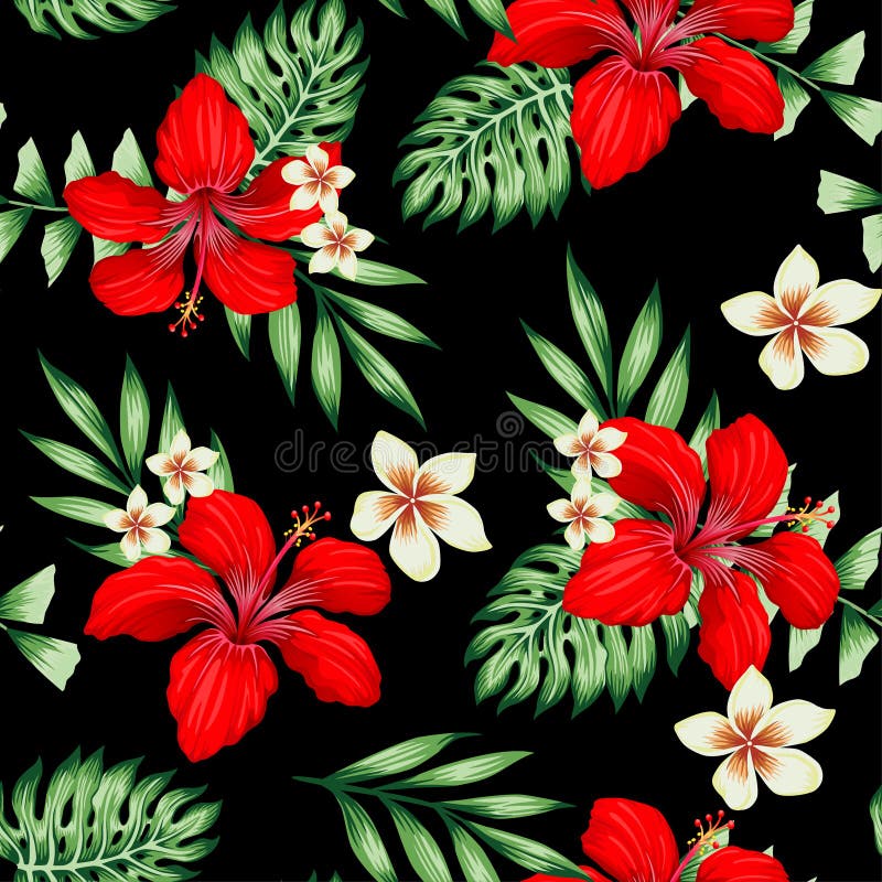 Seamless Tropical Flower with Leaves Pattern Black Stock Vector ...