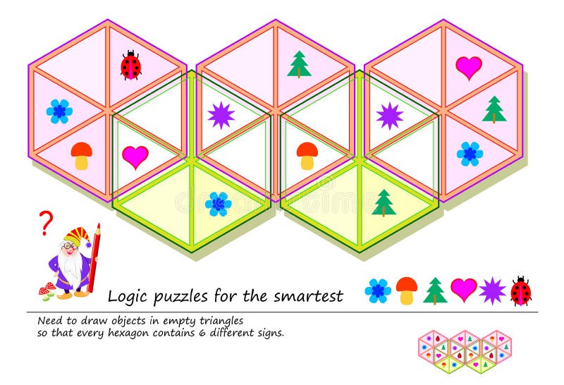Logic puzzle game for the smartest. Need to draw objects in empty triangles so that every hexagon contains 6 different signs. stock illustration