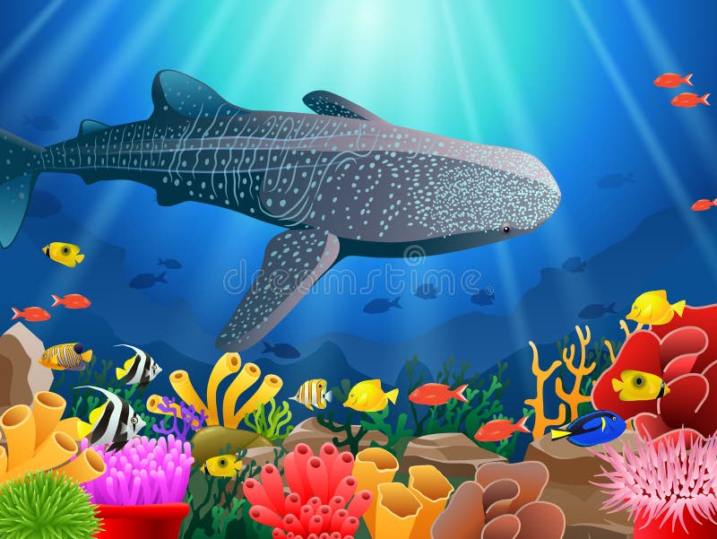 Whale Shark Cartoon with Underwater View and Coral Background Stock