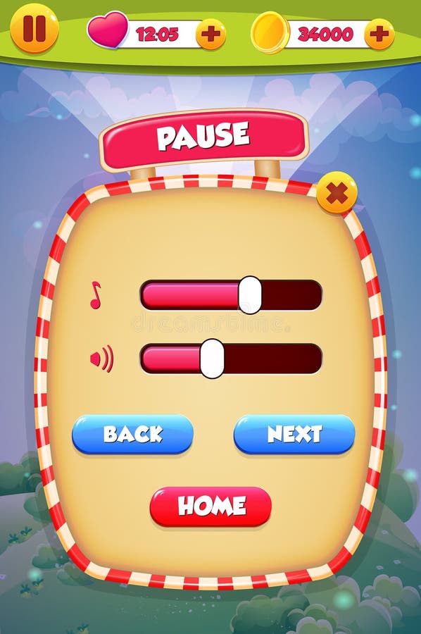 Pause menu scene pop up with sound music and buttons