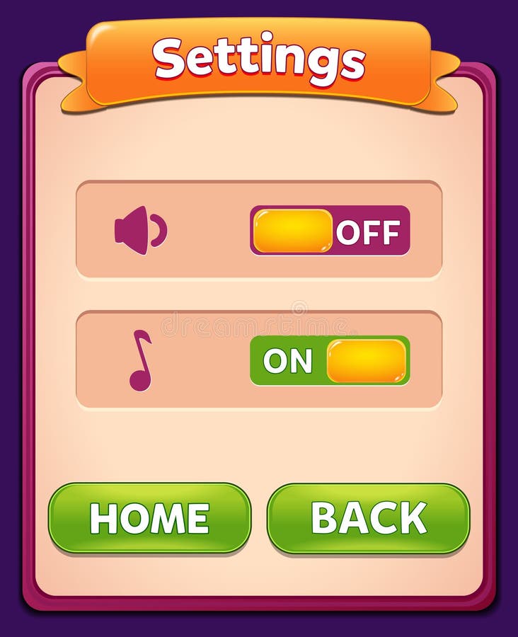 Settings menu scene pop up with sound music and buttons