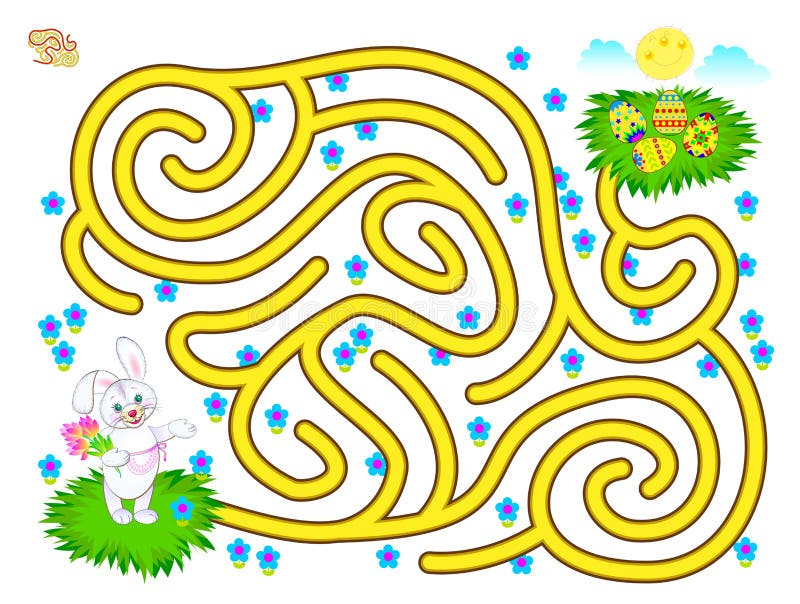 Logic puzzle game with labyrinth for children. Help the rabbit find the way till Easter egg. Printable worksheet. stock illustration Logic puzzle game with labyrinth for children. Help the rabbit find the way till Easter egg. Printable worksheet. stock illustration