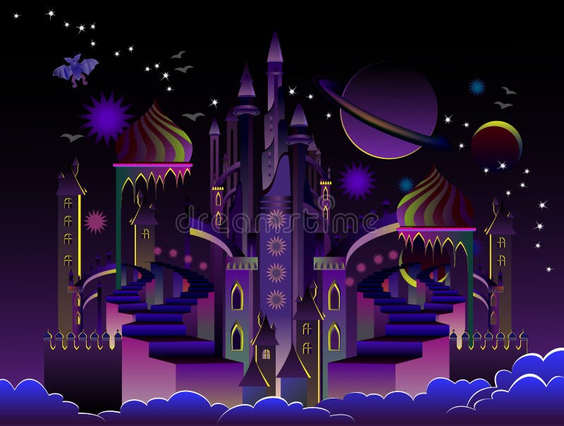 Illustration of fantastic futuristic eastern city at night time. Cover for kids fairy tale book. Poster for travel company.