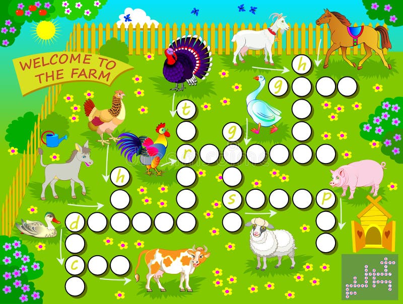 crossword puzzle game with domestic farm animals educational page for children for study english language and words stock vector illustration of farm kids 155245888