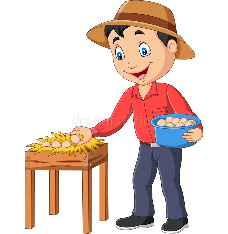 Cartoon Farmer Holding a Basket of Eggs on a White Background Stock Vector Illustration of