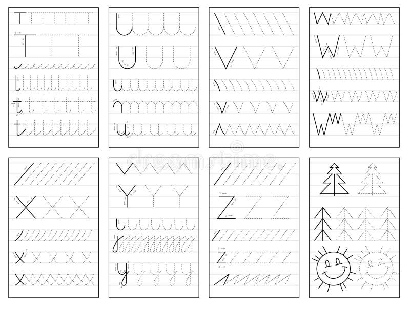 Set of black and white educational pages on square paper for kids.  Printable worksheet for children textbook. Developing skills of counting,  drawing, writing and tracing. Baby book. Back to school. Stock Vector