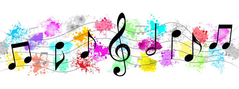 Illustration of black music notes flowing on curved stave in colorful spatters and splashes background for banner, backdrop template or poster. Vector file is available. Illustration of black music notes flowing on curved stave in colorful spatters and splashes background for banner, backdrop template or poster. Vector file is available.