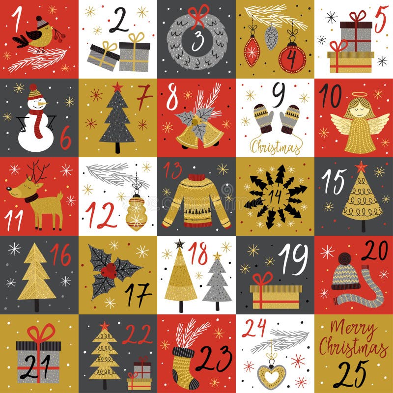 Advent calendar with christmas gold characters and elements