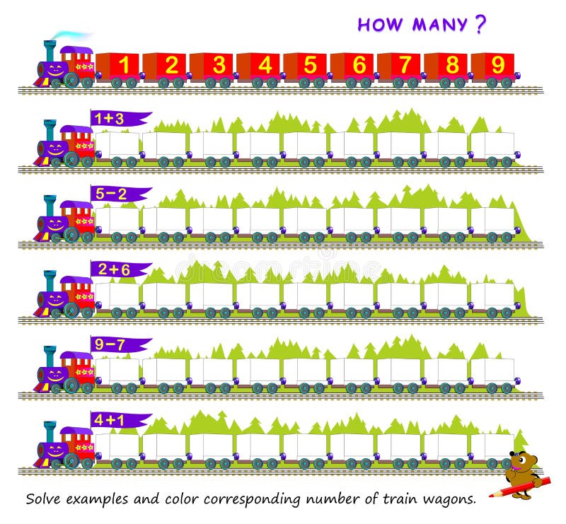 Educational page for children on addition and subtraction. Solve examples and color corresponding number of train wagons.