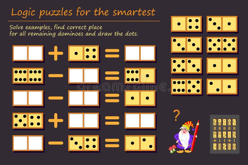 Logic puzzle game for children and adults. Solve examples, find correct place for all remaining dominoes and draw the dots.