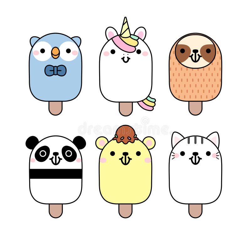 Set of cute cartoon ice cream with animals. In kawaii style with smiling face and pink cheeks. Owl, unicorn, sloth, panda, bear, c vector illustration Set of cute cartoon ice cream with animals. In kawaii style with smiling face and pink cheeks. Owl, unicorn, sloth, panda, bear, c vector illustration