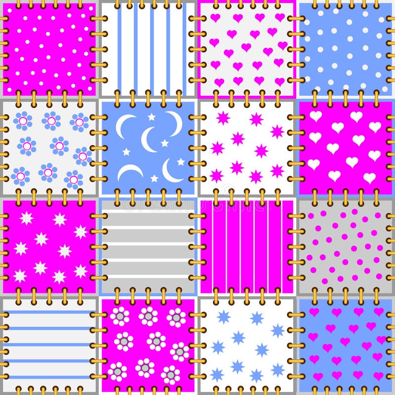 Seamless pattern ornament kids clothes or toys. Background with pieces of colorful fabric sew together. stock illustration