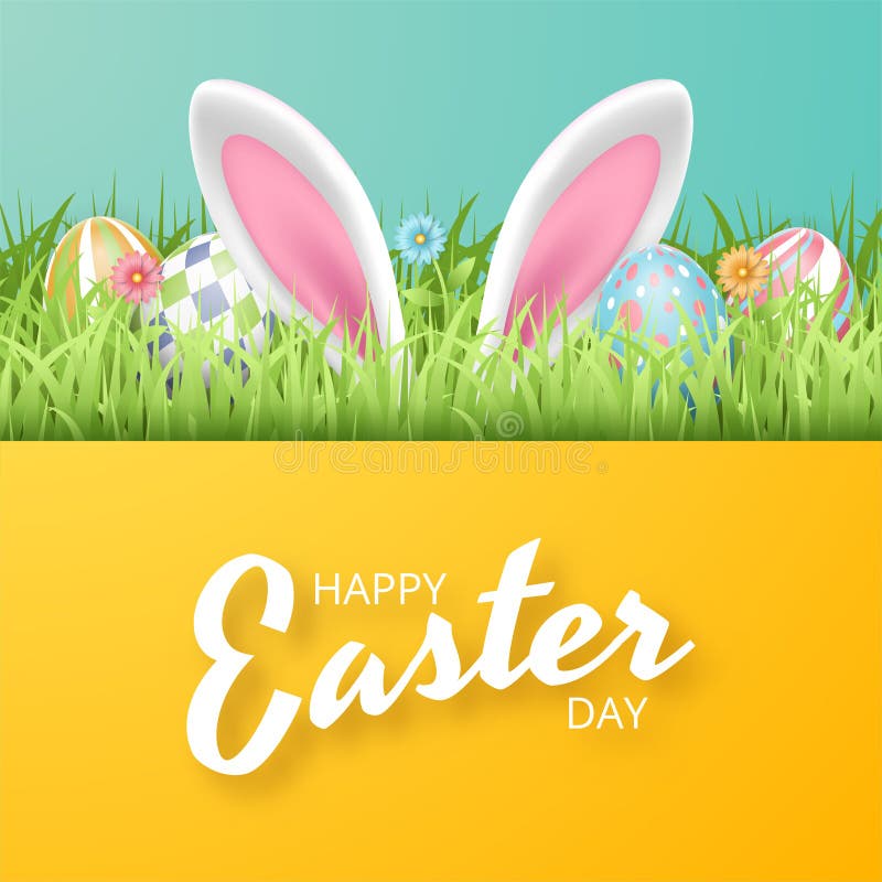 Happy Easter Background with Realistic Painted Eggs, Grass, Flowers