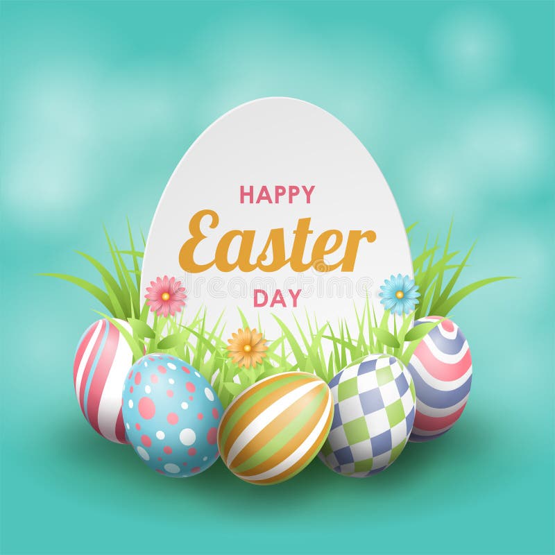Happy Easter Background with Realistic Painted Eggs, Grass, Flowers