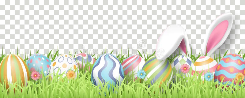 Happy Easter background with realistic painted eggs, grass, flowers, and rabbit ears.