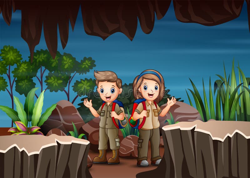 Cartoon children exploring the cave illustration