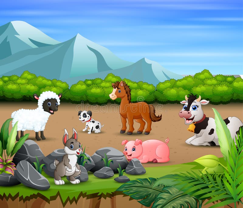 Animal farm relaxing in the nature illustration