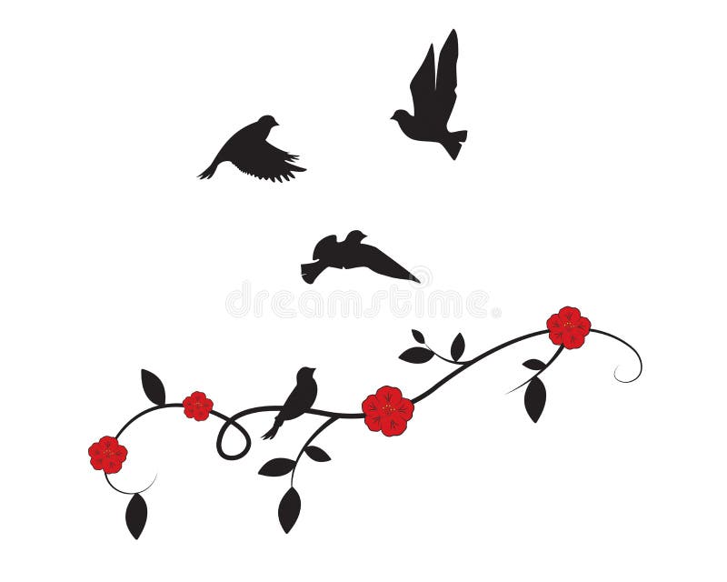 Flying Birds on Branch Vector, Birds Silhouettes, Wall Decals, Birds