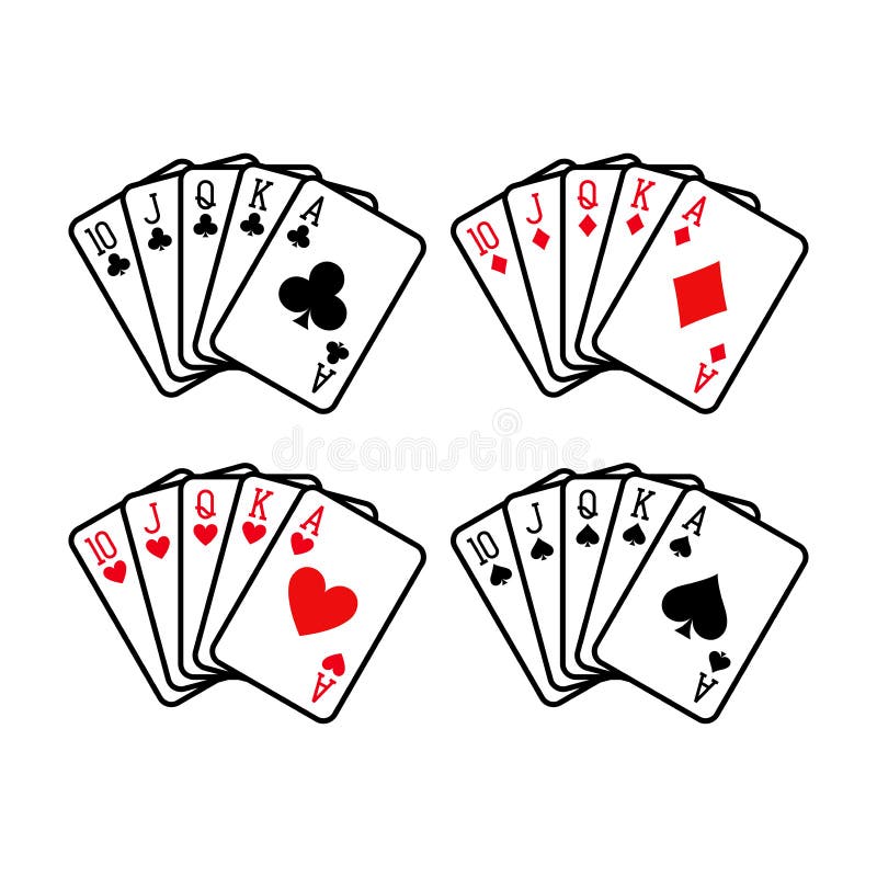 Royal flush hand of clubs, diamonds, hearts and spades playing cards deck colorful illustration.
