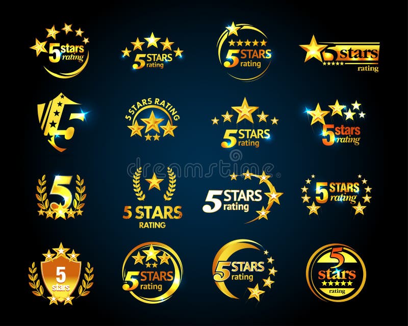Luxury Golden Five stars logo template set. 5 star rating emblems set.