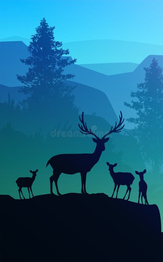 Herd Of Deer In The Natural Forest. Wild Animals. Mountains Horizon ...