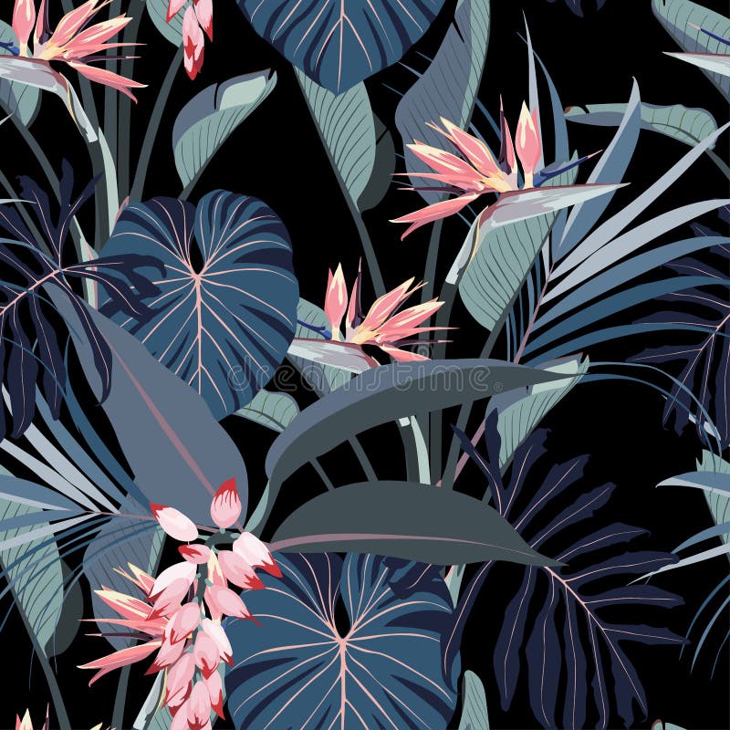 Abstract vintage colors seamless tropical pattern with pink blue leaves and flowers on black vintage background.