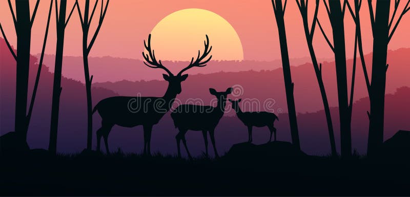 Herd of Deer in the Natural Forest. Wild Animals. Mountains Horizon Hills  Silhouettes of Trees. Evening Sunrise and Sunset Stock Vector -  Illustration of panorama, beautiful: 178504279