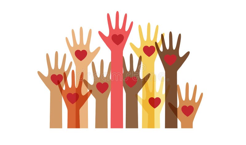 Human hand, palm with heart different races colorful vector illustration.