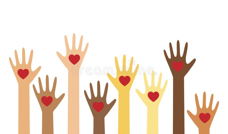 Human hand, palm with heart different races colorful vector illustration.