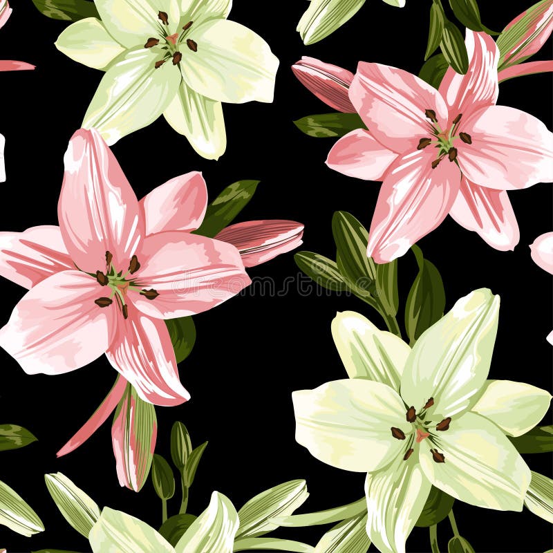 Beautiful Lime Pink Lilies Flowers. Seamless Pattern on Black