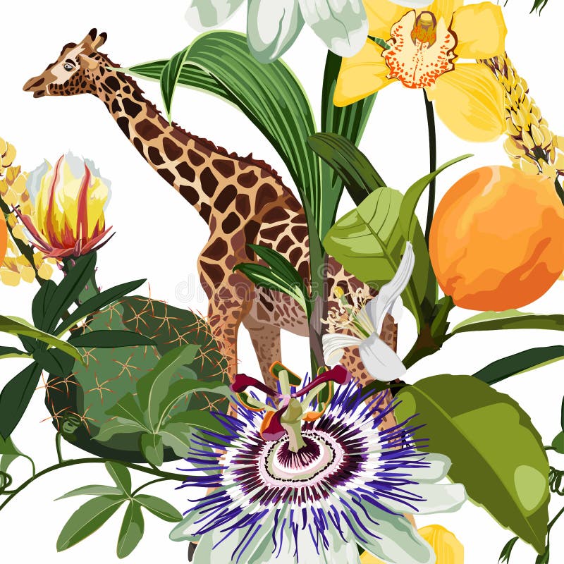 Exotic summer print. Seamless pattern with coconut palm tree, giraffe and passion flower, orchid, orange fruit royalty free illustration