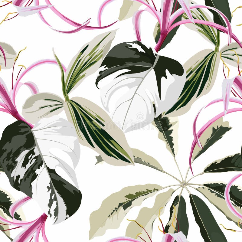 Tropical floral background with palm leaves, plants and pink exotic lilies flowers. Hand drawn botanical illustration vector illustration Tropical floral background with palm leaves, plants and pink exotic lilies flowers. Hand drawn botanical illustration vector illustration