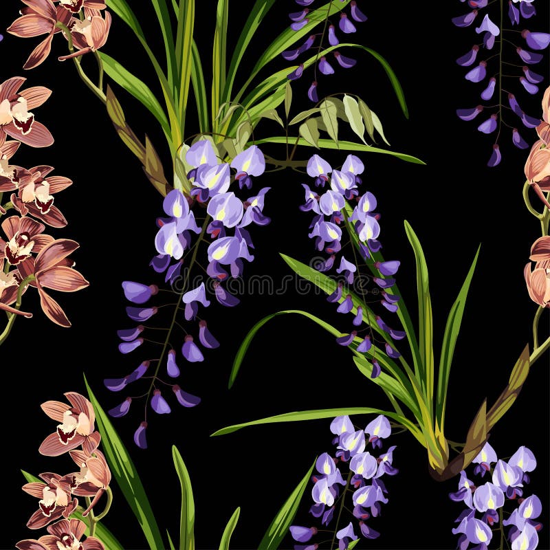 Wisteria flowers and orchid brown. Passiflora, wisteria and tropical leaves seamless pattern vector illustration