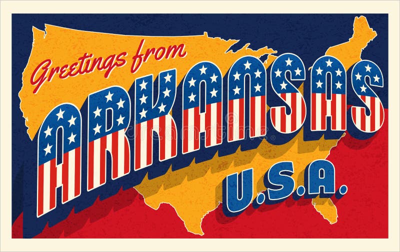 Greetings from Arkansas USA. Retro style postcard with patriotic stars and stripes lettering