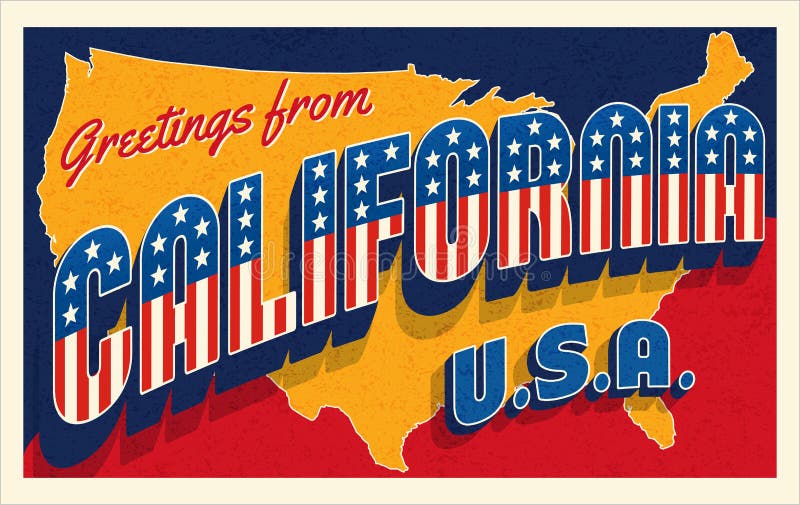 Greetings from California USA. Retro style postcard with patriotic stars and stripes lettering