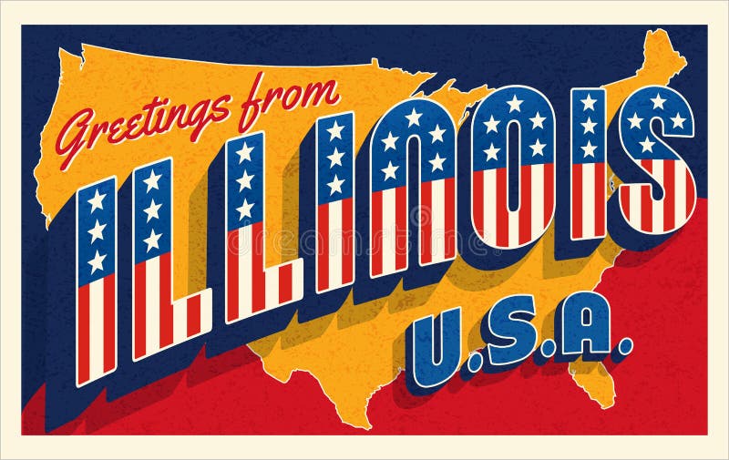 Greetings from  Illinois USA. Retro style postcard with patriotic stars and stripes lettering