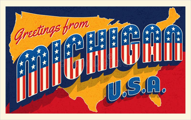 Greetings from Michigan USA. Retro style postcard with patriotic stars and stripes lettering