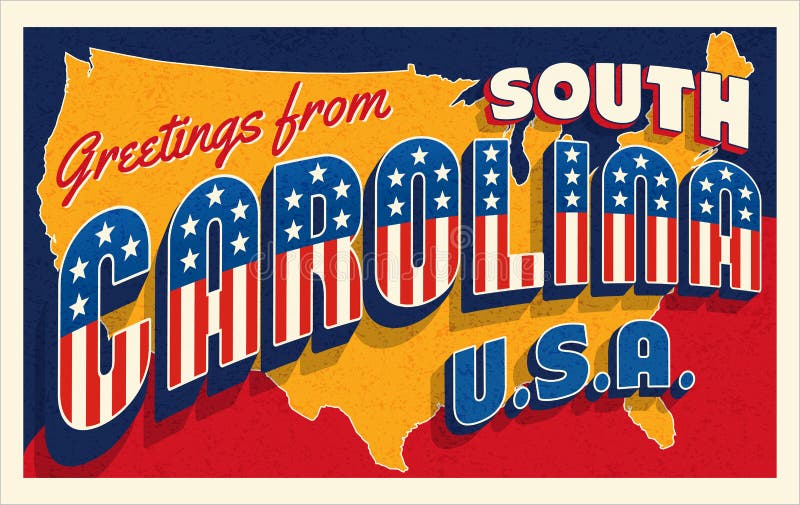 South Carolina USA. Retro style postcard with patriotic stars and stripes lettering