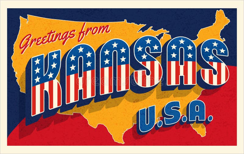 Kansas USA. Retro style postcard with patriotic stars and stripes lettering