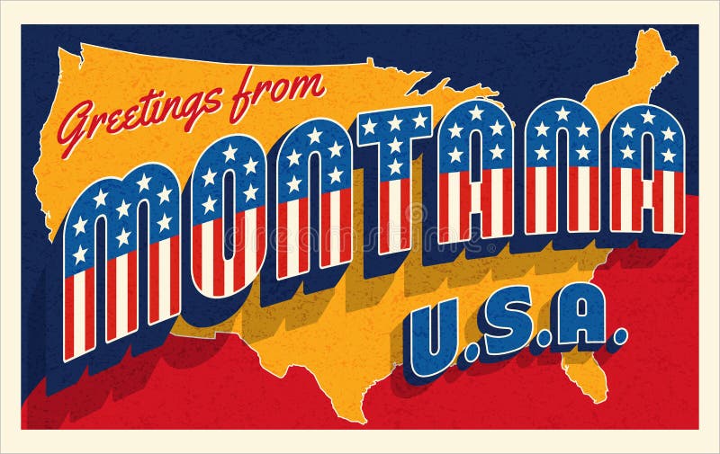 Montana USA. Retro style postcard with patriotic stars and stripes lettering