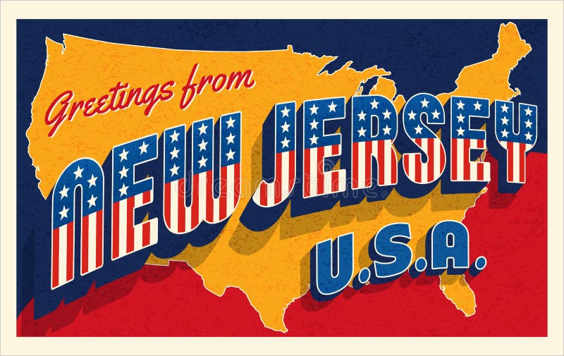 New Jersey USA. Retro style postcard with patriotic stars and stripes lettering
