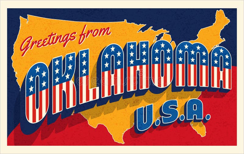 Oklahoma USA. Retro style postcard with patriotic stars and stripes lettering