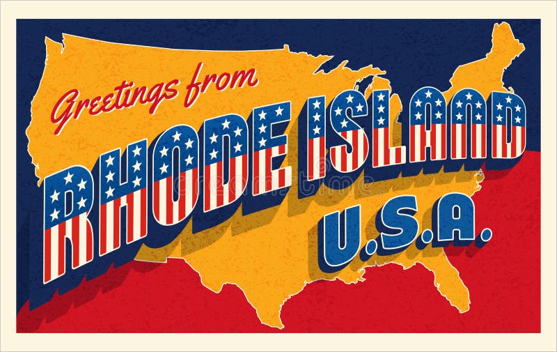 Rhode Island USA. Retro style postcard with patriotic stars and stripes lettering