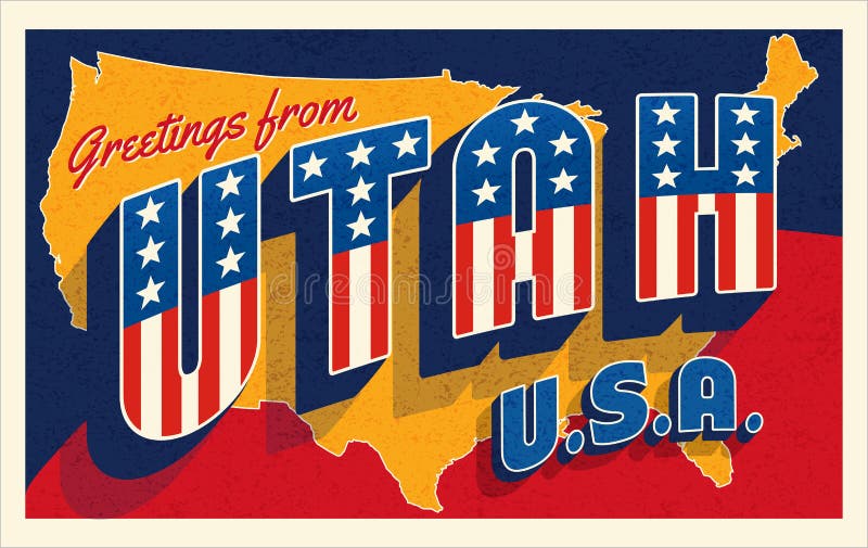 Utah USA. Retro style postcard with patriotic stars and stripes lettering